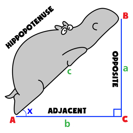 Image of a hippo forming the hypotenuse of a right triangle with side label "hippopotenuse"