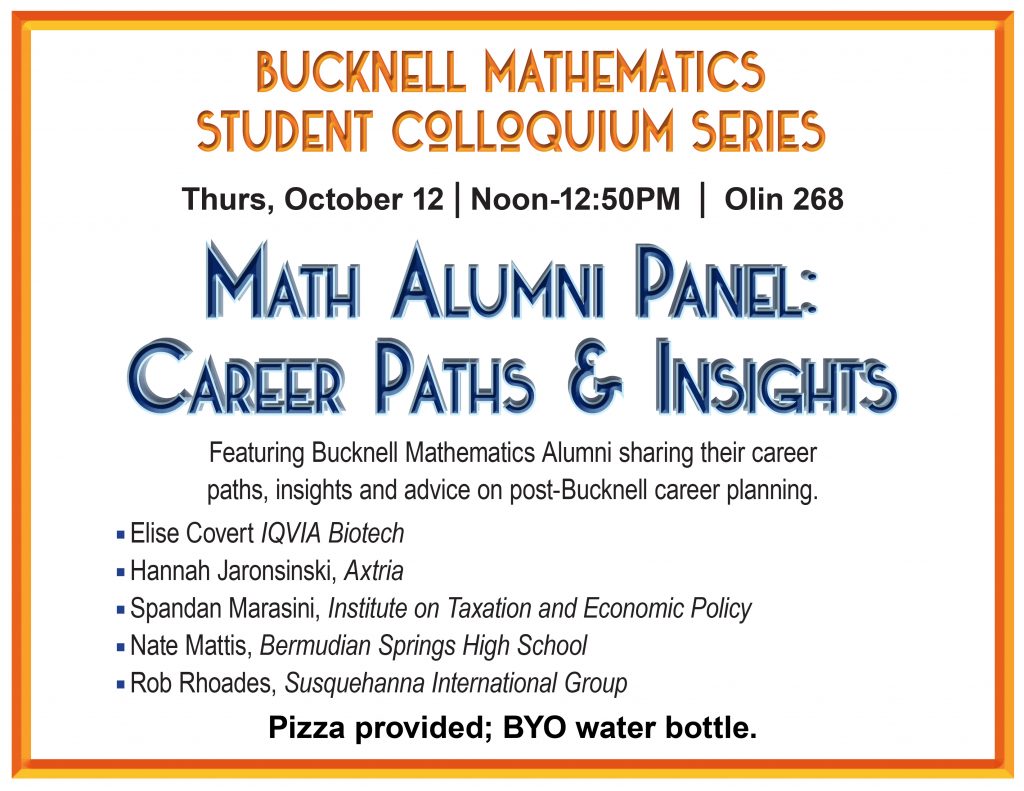 poster for the Math Alumni panel in Fall 2023. Contains date, time and names of panelists.