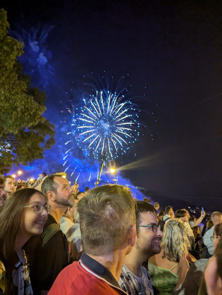 Hungarian National Founding Day celebration with fireworks.