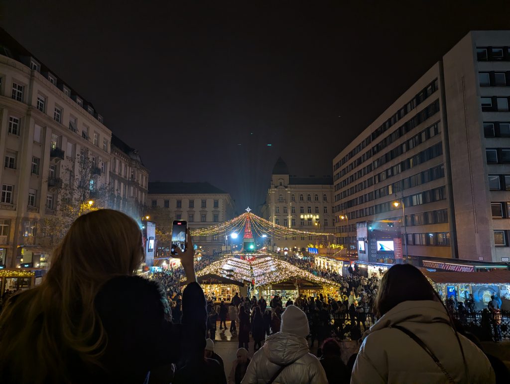 View from the steps of Saint Stephen's Basilica overlooking the popular Budapest Christmas Fair.