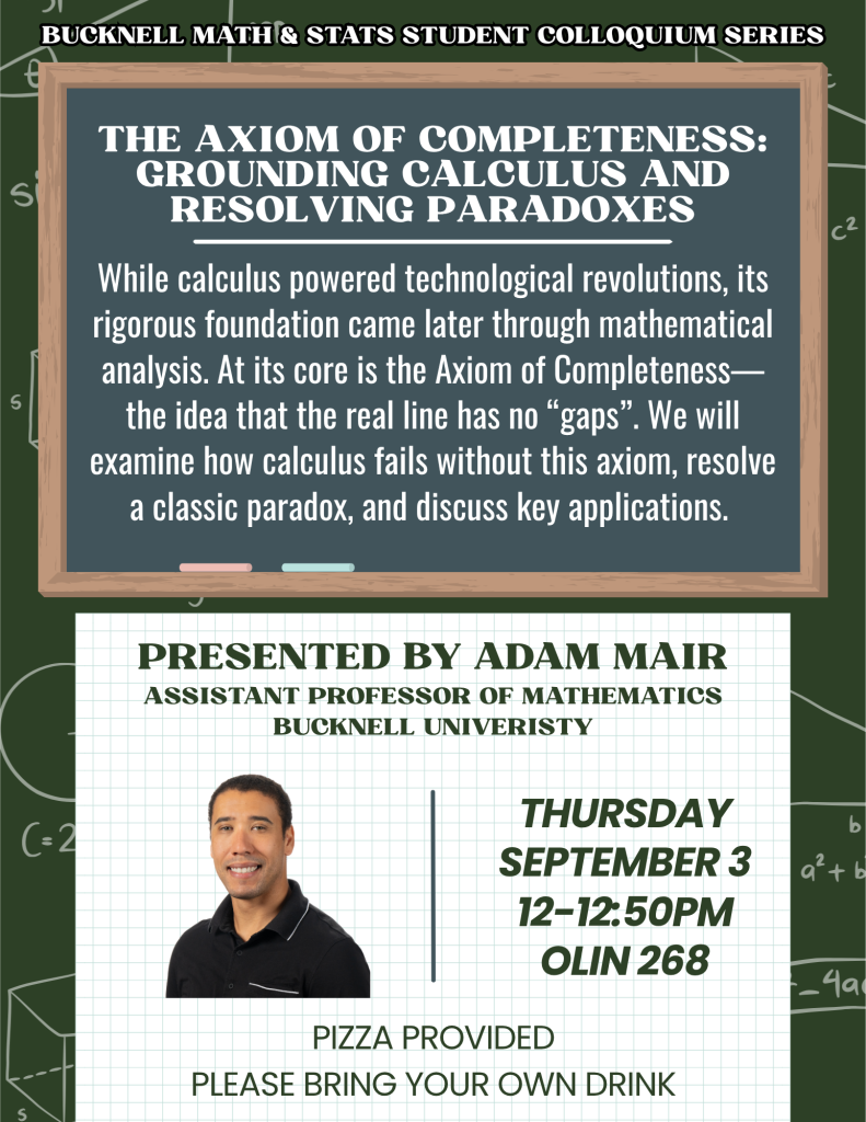 Student colloquium series poster for Prof. Adam Mair's upcoming talk on Thursday, September 3rd at noon in Olin 268. Pizza is provided, but please bring your own drink. 