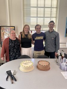 Celebration for Eve Johansson and Cole Kratz for completing their honors thesis presentations. They are side-by-side with their thesis advisors Prof. Hamlet and Prof. Langford.